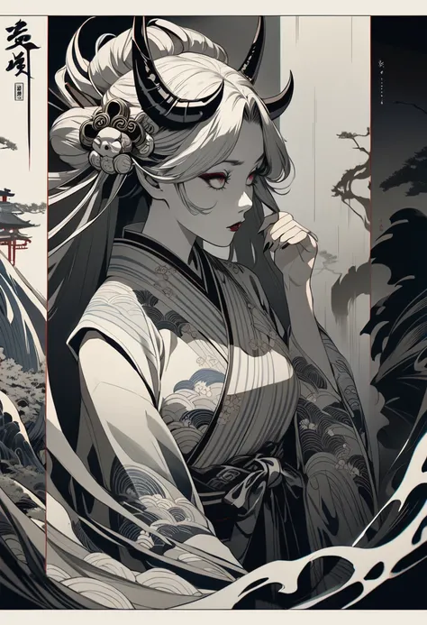 A demonic japanese oni princess, beautiful detailed eyes, beautiful detailed lips, extremely detailed eyes and face, long eyelashes, intricate japanese hair ornaments, flowing robes, dark shadows, moody lighting, muted color palette, ukiyo-e style, japanes...