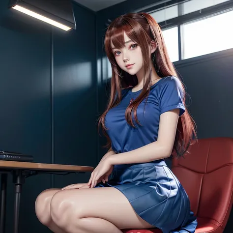 anime girl in a blue shirt and red skirt sitting on a red chair, seductive anime girl, attractive anime girl, beautiful anime girl squatting, Fluid CG animated art, The best girl in anime, anime girl, anime waifu, anime girls, Beautiful and seductive anime...