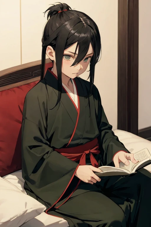 Dominant six-year-old boy, long black hair tied up, Dark green eyes and elegant ancient Chinese robes, READING A BOOK 