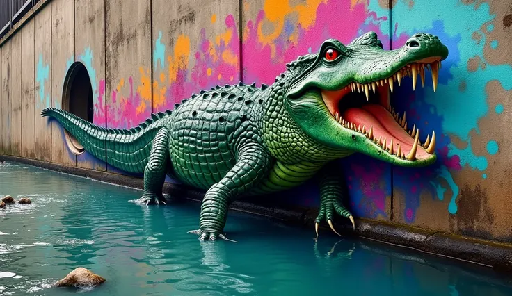 Graffiti on the street wall,There is a waterway on the wall that is 1 meter above the ground.,A crocodile stretched out most of its body from the sewer opening and headed left.,front view，Clarity,HD，超HD