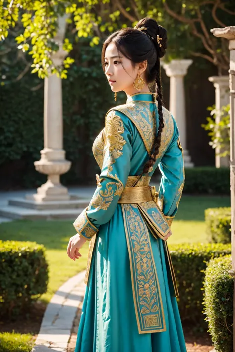 A breathtakingly realistic scene of Cui Lin, the female warrior from the historical drama “Love’s Wonderful Country,” set in an ancient royal palace. Cui Lin, portrayed by Jing Tian, is in her true identity as the daughter of General Cui Yi, disguised as L...