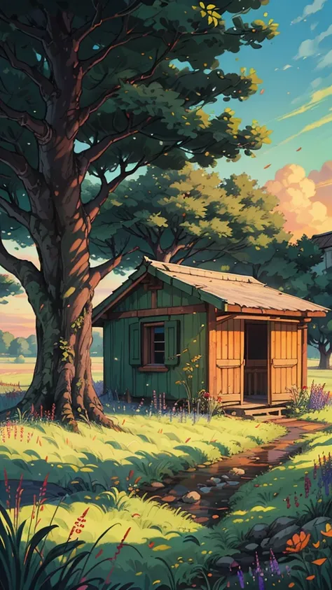 (masterpiece:1), (full view:1.5), (an old hut in the green fields with long grass:1.6), (sunset ambience:1.3), silence, (colorful wildflowers flowing with wind:1.4), magnificent sky, (Dim volumetric light:1.4), peaceful, (beautiful sky), (a big banyan tree...