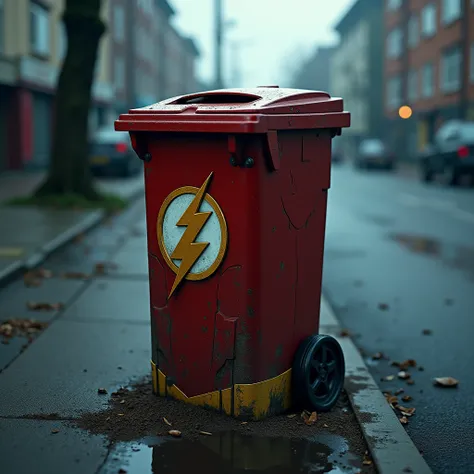  Create a realistic image. Design a dustbin. A roadside dustbin. Make the dustbin with flashs iconic costume and get dirty on the dustbin. The background will be cool