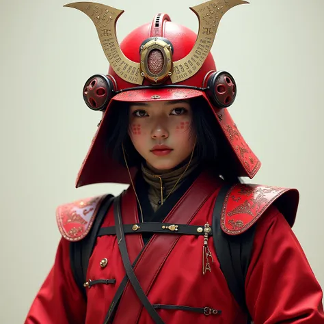 asian man, 20 year old boy, Samurai of the future, red, in front of the camera, head focus,high resolution, looking at the viewer, simple background, helmet ornament , Face covered , Mascara Kabuki 