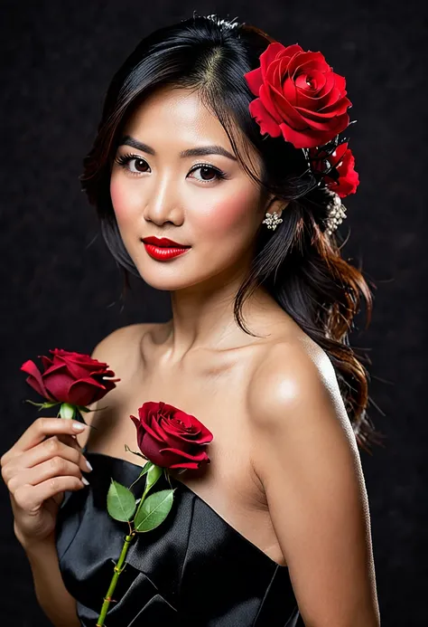 Beautiful Asian woman in her thirties with dark hair, brown eyes. black elegant dress. Red flower hairpin in hair and red rose in hands. dark background