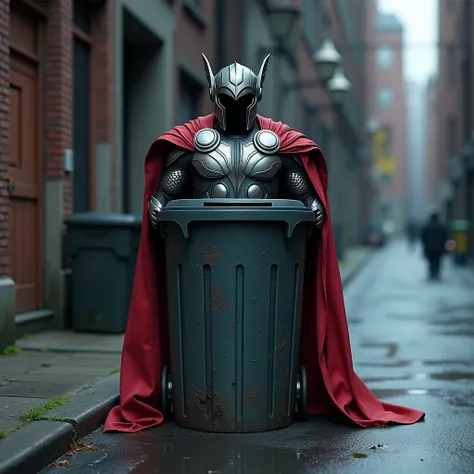  Create a realistic image. Design a dustbin. A roadside dustbin. Make the dustbin with Thors iconic costume and get dirty on the dustbin. The background will be cool