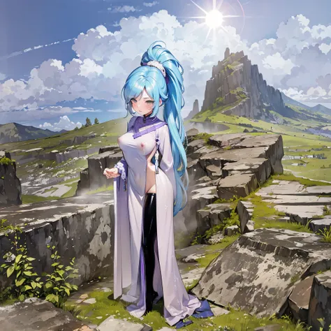 landscape, bluesky, sunlight, {Chrono Trigger Schala}, BREAK, (solo), (1 skinny girl standing:1.2), flying higher than crowds, looking for viewer, arms behind back, blue long hair, large breasts, narrow waist, skinny legs, BREAK, (tight-fit very long purpl...