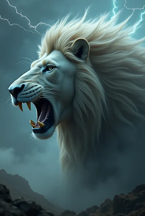 A surreal depiction of a lion and horse face merging into one powerful creature. The lion’s fierce snarl and flowing mane transition into the horse’s determined gaze and strong jawline. The background is a stormy sky, with flashes of lightning, symbolizing...