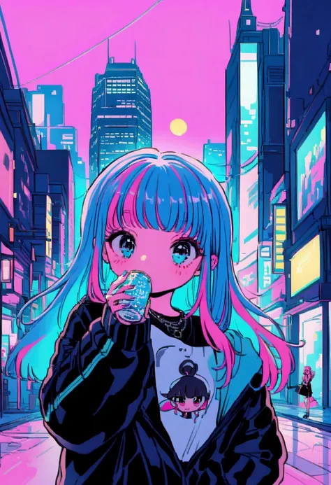 , (true beautiful:1.2),long hair,,10yo,,(tiny 1girl model:1.2),Pink and blue hair girl, soda, Inspired by 90s anime, Cyberpunk City, praise, colorful, listen to music, Pink Hair, Blue Hair、Drinking alcohol