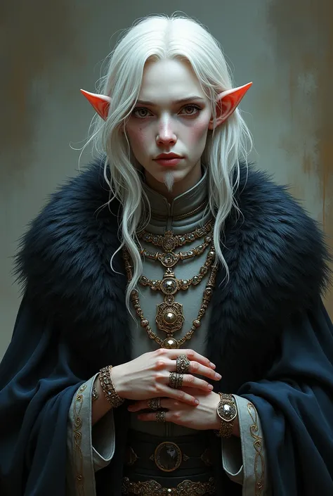 Young regent lord, 3. He is mixed race between human and drow. His skin is extremely pale, like an albino. His eyes are dark brown. His hair is long and white. His beard is small and short., also in white coloration He is thin and frail with a sick appeara...