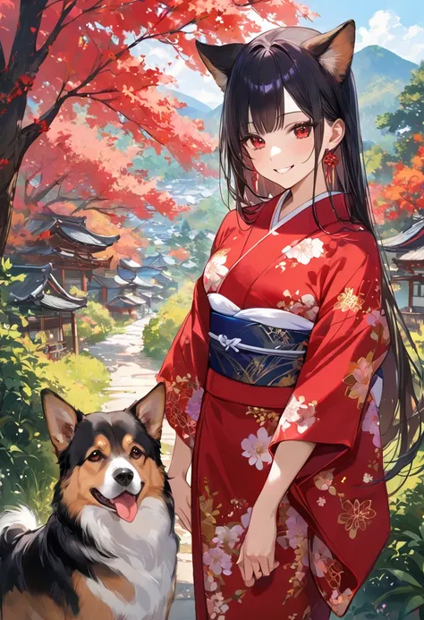 one girl, long hair, dog ears, black hair, masterpiece, red eyes, smile, outdoor, tree, landscape, kimono, dog&#39;s tail, watch...