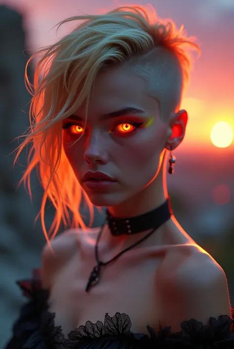 a white girl, full body, very short haircut, eyes on fire, Golden hair with neon highlights, choker, NSFW, (geisha 1:3), bare shoulders, masterpiece, very detailed, look at the sky (blurry galaxy background, Sunset sky background:1.3), cara sigma, guy intr...