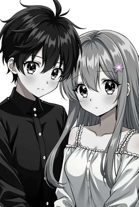 Male and female pair、Cute、Look at me、In anime style、Black and white、Star highlights on eyes