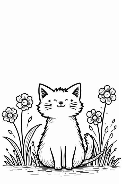 Hello! Could you please create a black-and-white coloring page featuring 
"a cat in a field of flowers" The design should have clear, simple outlines suitable for coloring by children. Thank you!

