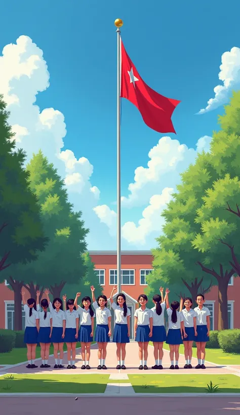 Burmese students line up to salute the national flag.