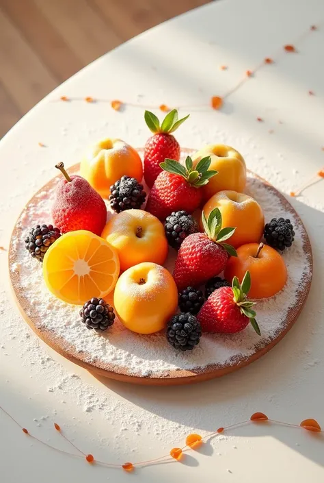 "A plate should have different sections, like multiple fruits. It should look like it has a coating of flour on top, with thin lines appearing over it."