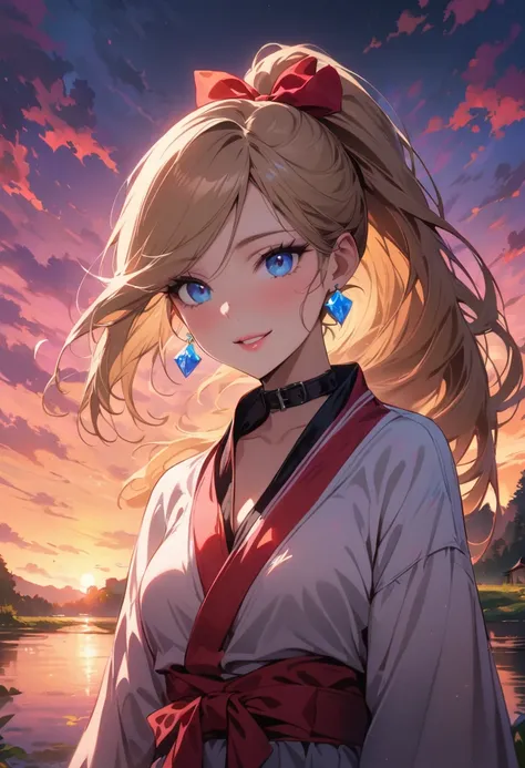 masterpiece, Super high quality CG, best quality, perfect picture, Colorful sunset，Lydia at the pond，beautiful details eyes，beautiful lips，earrings，collar，Blonde high ponytail，blue eyes，red hair bow，Smile，looking at the audience with joy，Wearing sexy karat...