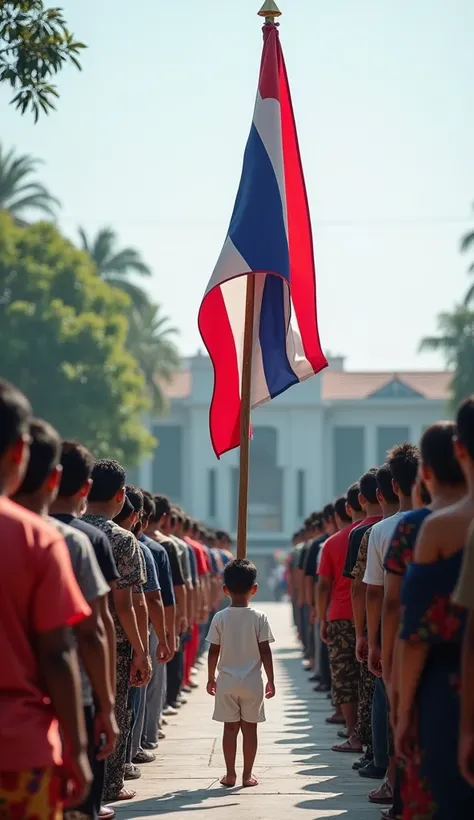 Myanmar people stand in line to pay respect to the Thai national flag.