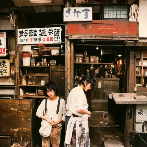 ((masterpiece、Highest quality))、Poor conditions、Japan 1980s, Dirty Standing Tavern、Old and dirty store, Unsanitary and dirty downtown Tokyo, Japan Streets, Cute girl working at the store、Japanese sign、Poor workers, Unhygienic restaurant 