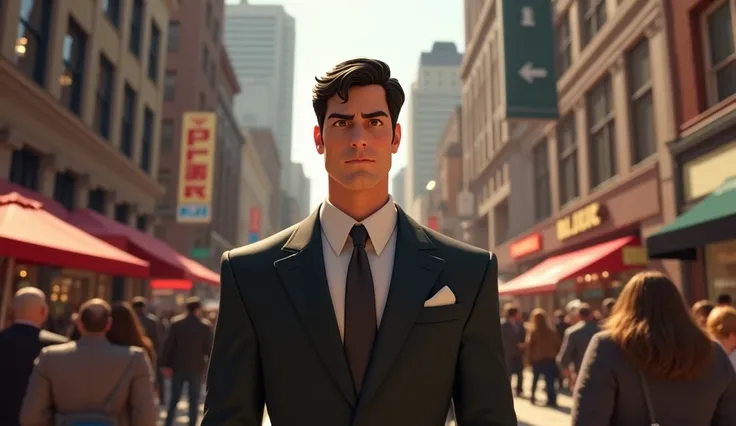 close-up Pixar, Clark Kent arrives in Metropolis, wearing a simple suit and tie, blending in with the busy city life. Skyscrapers tower above him as he navigates the bustling streets, no superhero costume present.

