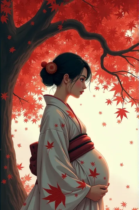 A dark-haired girl, wearing white kimono with maple leaves, pregnant, standing under the red maple tree, sad face, profile, looking into the distance