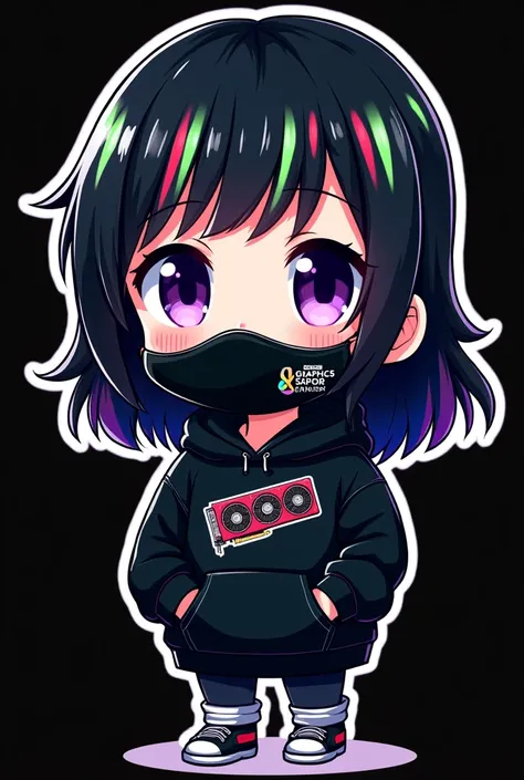 2D CUTE ANIME STYLE STICKER CUTE CHIBI GIRL black hair withwith green red and blue stripes , violet eyes graphic card LOGO on a black mask covering the entire mouth with a black hoodie covering from the waist up with graphics card sticker logo on it , full...