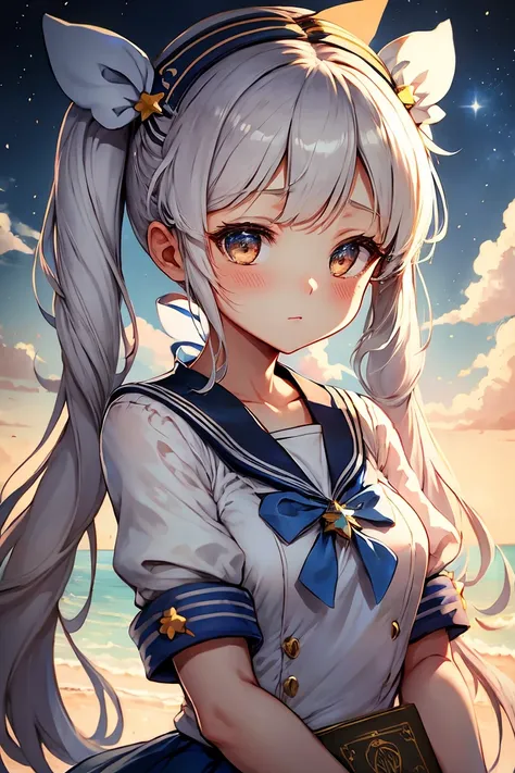 1 woman,pretty girl,tied hair , pigtails , white hair, kotori beige hair, sky blue 원피스, sailor textbook, sailor moon,star headba...