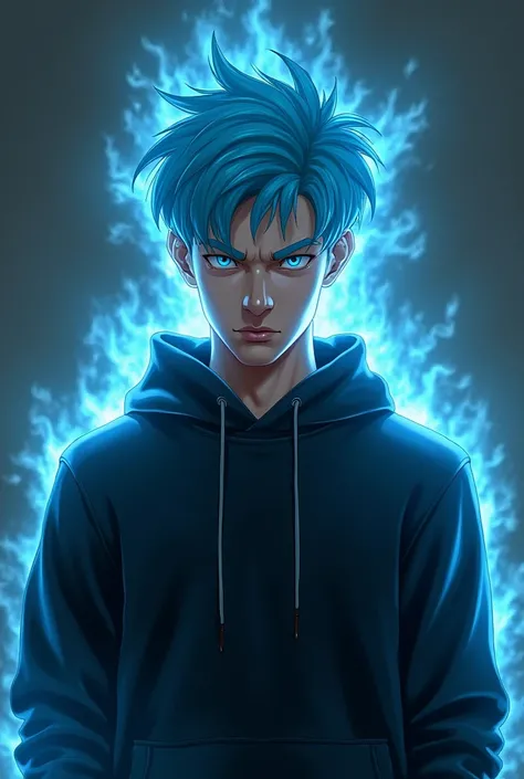 A serious 20-year-old man with light blue eyes wearing a black sweatshirt with an aura around his entire body and super saiyan blue hair