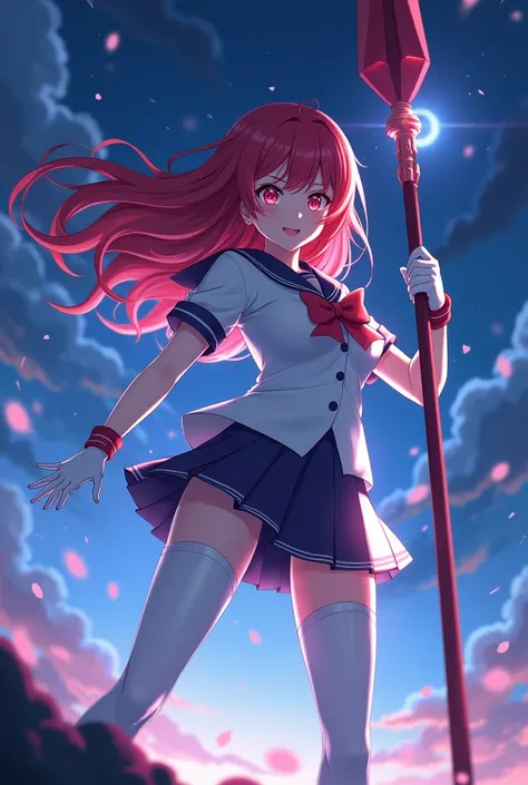 Night sky，Red long hair anime girl，White short-sleeved school uniform，White pleated skirt，White gloves，white pantyhose，Huge Magic Spear￼￼￼￼