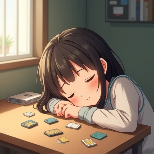 little anime girl, asleep, drooling on the table, sim cards on the table