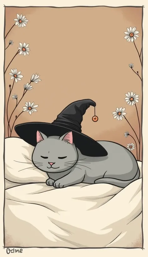 , japanese minimal, on brown  flower background , Black ink lines with soft watercolor accents. Border trim around 30px, (high resolution) , no noise pixel ,((masterpiece)), parody design gray sleepy eyes cat,take off witch hat, sleep on bed,vintage ,8K Oc...