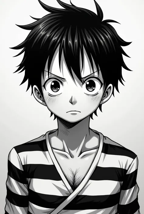 Police photo, mono d. Luffy in a black and white striped long-sleeved prison uniform, Handsome guy, Beautiful and delicate eyes, Short black hair