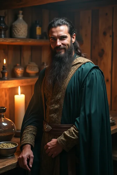 a handsome man, looking at the camera, happy look, muscular, long beard, wearing a white robe like a magician, in an old wooden cabin, a concoction with natural herbs being prepared, cinematic lighting, dramatic shadows, warm color tones, highly detailed, ...