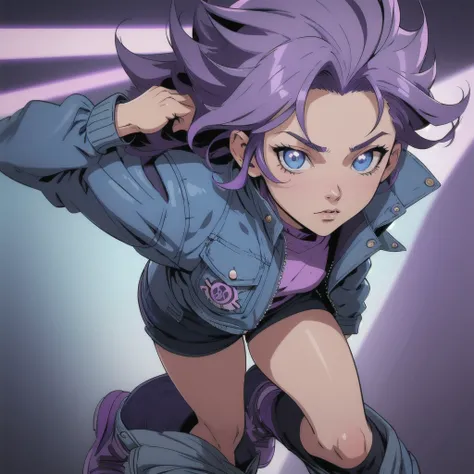 A character, with short, purple hair, blue eyes, (maximum detail), ((maximum quality)), blue jacket, 80s anime style hair, HD, , Full body, HD,Multiple angles , Character Design 