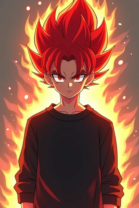 A serious  teenager with light red eyes wearing a black sweatshirt with an aura around his entire body and super saiyan red hair