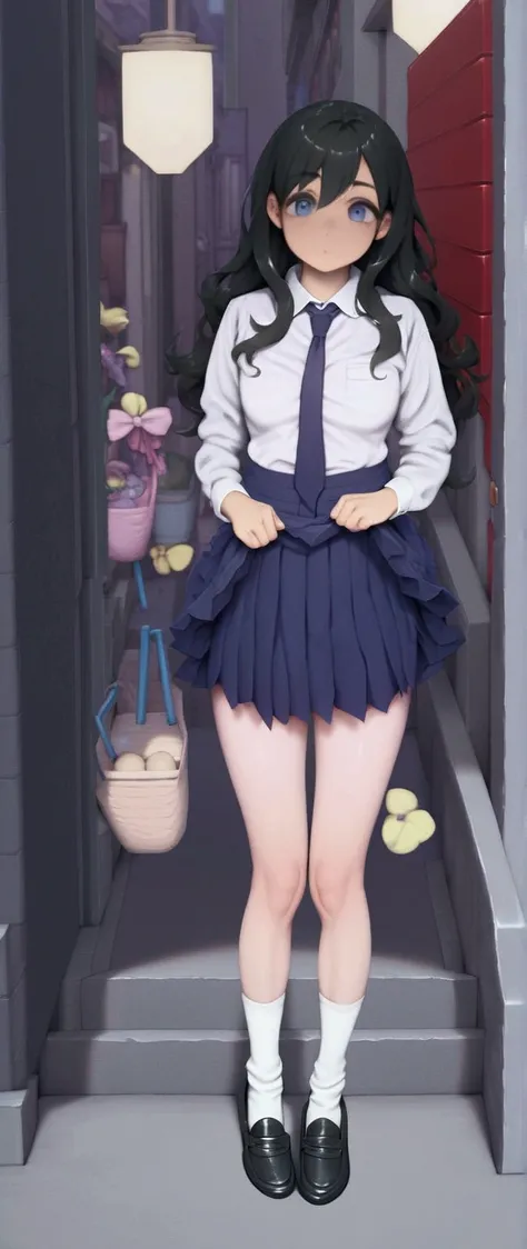 score_9, score_8_up, score_7_up, score_6_up, score_5_up, score_4_up, source_anime, realistic anime illustration of student girl standing at street, she is in black wavy long hair, wears white long sleeve shirt (+collared), dark blue necktie, dark blue plea...