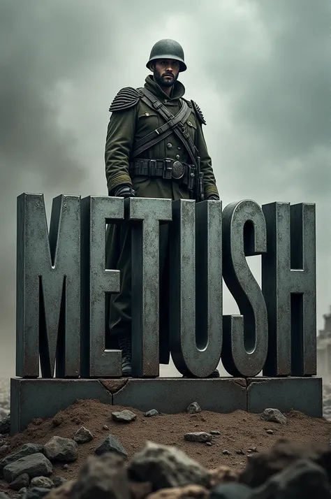 Draw me my name "METUSH" with soldier behind