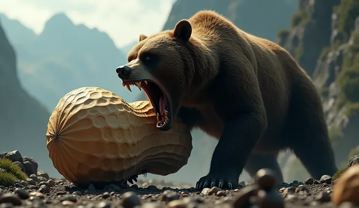 3d、Ultra HD、Side view、There is a shadow、Mountain background、Photorealistic、Horror、scared、Creepy、The bear has its mouth wide open、The bear is holding a 1-meter peanut and is about to eat it.