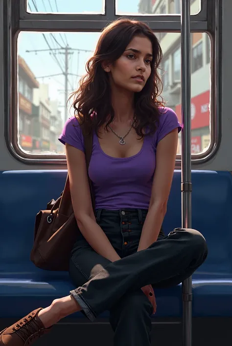 this girl sitting on Delhi metro seat having a coching bag a black baggy jeans and purple top