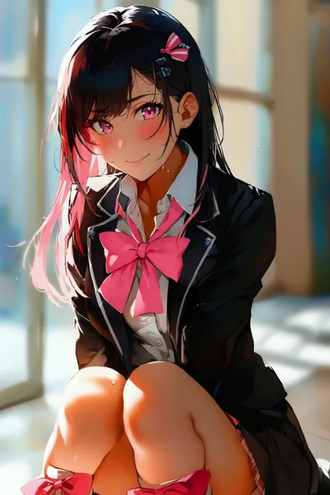 1girl, ass, bangs, black footwear, black jacket, blazer, blush, bow, bow panties, bowtie, breasts, closed mouth, collared shirt, double v, double w, eyebrows visible through hair, hair ornament, hairclip, hand up, jacket, loafers, long hair, looking at vie...