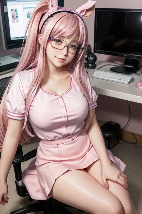 Anime girl with glasses sitting in front of a computer desk, high quality kawaii rendering, rendering in sfm, deviantart art station cgscosiety, Trends in cgstation, nerd, Hyperrealistic schoolgirl, sitting in her room, Lola bunny fan art, anime style. 8K,...