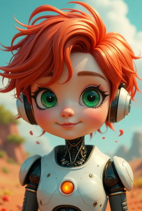 create a vlog with red hair and green eyes half and a very cute robot half of each one very cute image