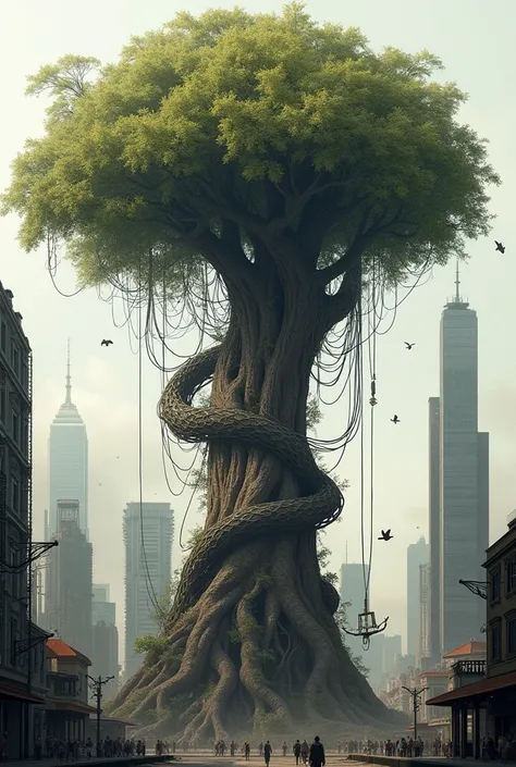 Sketch a large, ancient tree at the center of the page with intricate roots spreading deep into the earth. The roots should transition into cables and wires, as if they are fusing with the cityscape below. Surround the tree with tall skyscrapers, but have ...