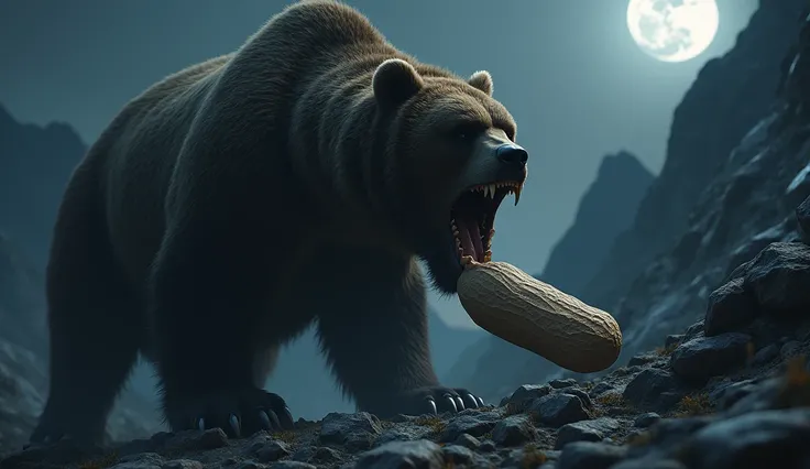 3d、Ultra HD、Side view、There is a shadow、Mountain background、Photorealistic、Horror、scared、Creepy、night、There is no moon、The bear has its mouth wide open、The bear is holding a 1-meter peanut and is about to eat it.