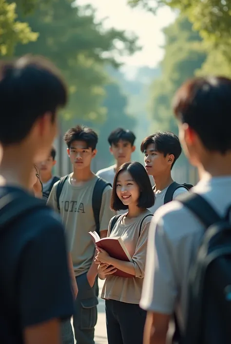 Seven tall Asian boys, some distracted and two looking at a short, smiling Asian girl with bobbed hair, holding a book in her hands , college background Image fill, Cinematographic, 