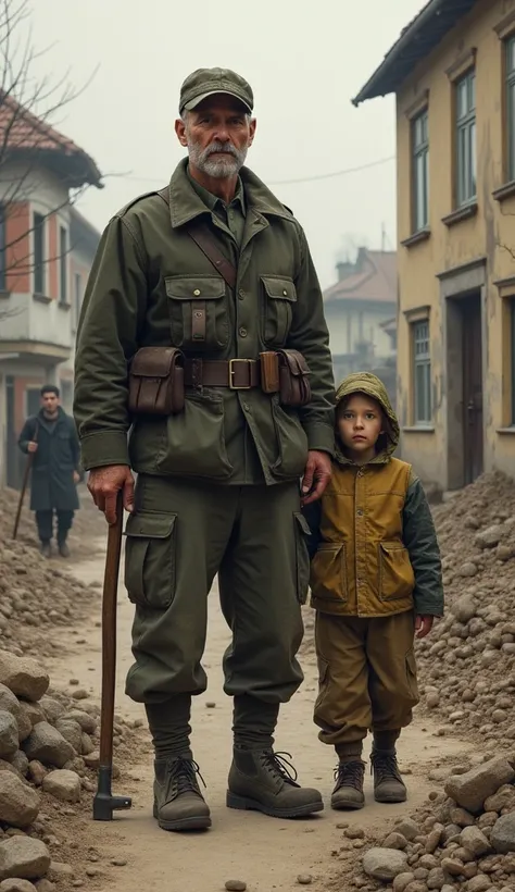 A former German soldier now wearing civilian clothes, holding a hammer and building alongside his family. The background shows other citizens rebuilding homes and infrastructure, a symbol of hope and recovery.