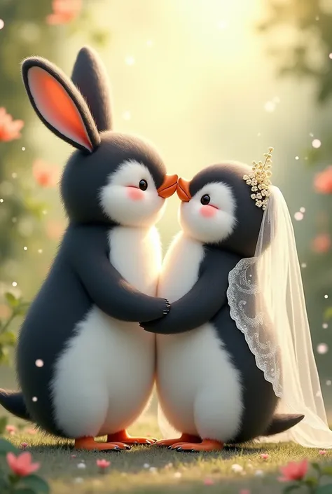 Cute penguin kissing his cute bunny girlfriend in wedding dresses 