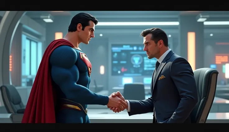 close-up Pixar, Superman, now fully dressed in his iconic suit, confronts Lex Luthor without  no superhero costume present.in a high-tech office. Lex, dressed in a sharp suit, is scheming behind a futuristic desk, while Superman stands confidently.