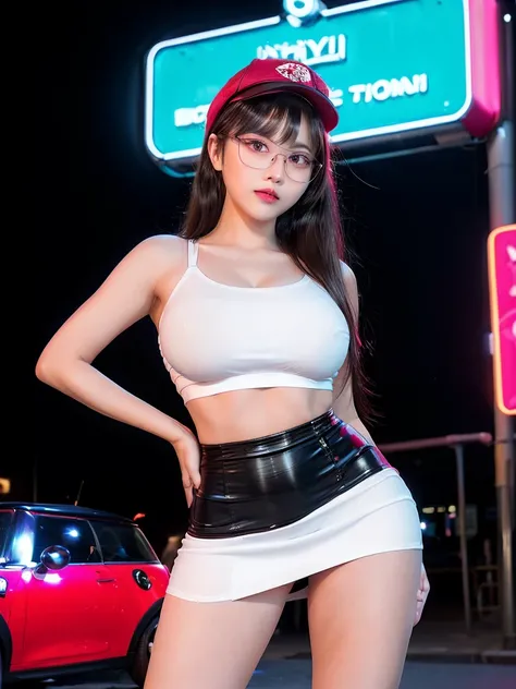 Woman, Wearing Glasses And Hats, (((big tits))), wide hips, (((legs))), ((Tight white top and tight black mini skirt)),  carnival,  ponytail with bangs, Stand with your feet lifted high, neon city, night, neon lights, sexy, Asian, aproaching perfection, pr...