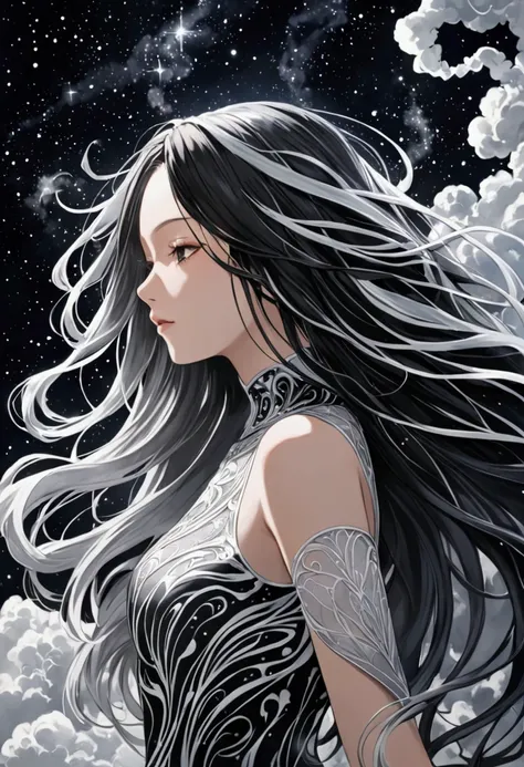 A girl with long hair made from streams of smoke mixed with black, white, and silver in a starry universe.